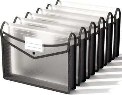 Transparante A4 plastic zakken, 6 stuks, uitrekbare documentfolder met knoopsluiting en visitekaartjeshouder, duurzaam en veelzijdig