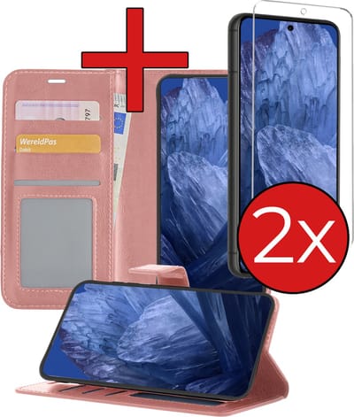 Hoesje - Met 2x Screenprotector - Geschikt voor Google Pixel 8a - Luxe Pasjeshouder - Flip Case - Bookcase Portemonee - Kunstleer Book Case - Flipcase Hoes - Book Cover - Walletcase - Portemonneehoes - Telefoonhoes - Rosé goud