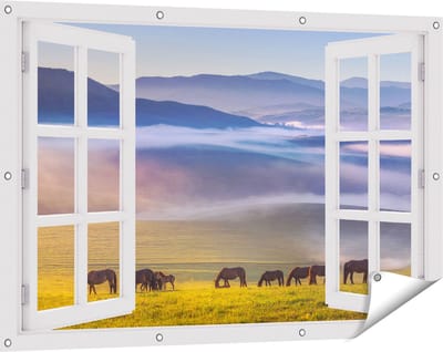 Gards Tuinposter Doorkijk Kudde Wilde Paarden in de Wei bij Heuvels - 120x80 cm - Tuindoek - Tuindecoratie - Wanddecoratie buiten - Tuinschilderij