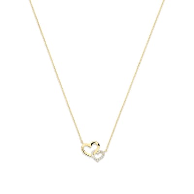 New Bling 9NBG-0957 14 Karaat Gouden Dames Ketting Dubbel Hart met Zirkonia - Verstelbaar 43-48 cm