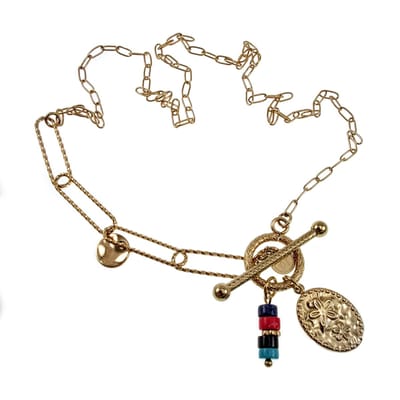 Dottilove Paperclip Ketting met Decoratieve Hangers en T-Sluiting, Ketting Dames, Verguld RVS - Lengte 43cm