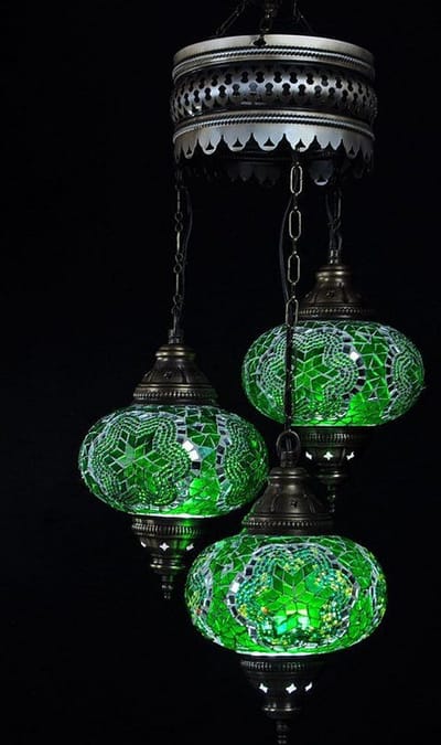 Anatolia hanglamp - mozaïek lamp - 3 bollen - groen glas - E-14 fitting - handgemaakt