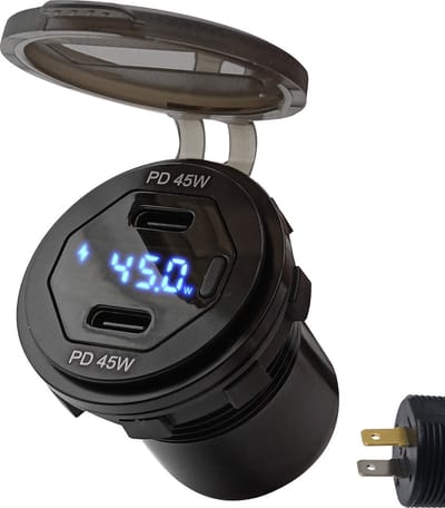 ProRide 12V USB C Autolader 2 Poorten Inbouw met Schakelaar en Wattagemeter - 45W - QC3.0 - USB Stopcontact voor Auto, Boot en Camper - Blauw
