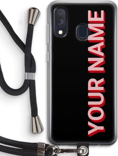 Gepersonaliseerd - Case Company® - Hoesje met koord geschikt voor Samsung Galaxy A40 hoesje met Koord - Namecase - Telefoonhoesje met Zwart Koord - Bescherming aan alle Kanten en Over de Schermrand