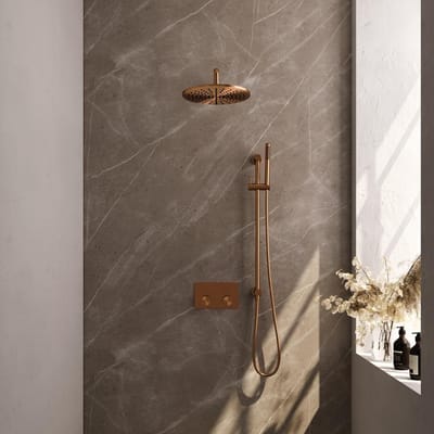 Brauer Copper Carving Thermostatische Regendoucheset Inbouw - Hoofddouche 30 cm - Gebogen Wandarm - Met Drukknoppen - Handdouche Staaf - Doucheslang - Geintegreerde Glijstang