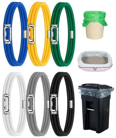 Oneay 6 stuks elastische banden, keukenafvalzakbanden voor vuilnisbakken van 13 tot 30 gallon, duurzame elastische banden om vuilniszakken op hun plaats te houden (6 kleuren)