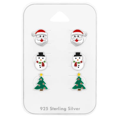 Zilveren kerst kinderoorknopjes | kerstman kerstboom sneeuwpop kinderoorbellen | kerst set van 3 paar kinder oorbellen Meisje Zilver | Zilverana | Sterling 925 Silver