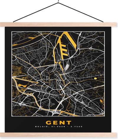 Posterhanger incl. Poster 40x40 cm - Schoolplaat - Gent - Stadskaart - Plattegrond - Goud - Kaart - Textielposter - Blanke latten - Stadskaart
