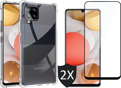 Hoesje geschikt voor Samsung Galaxy A42 - Transparant Shock Proof Cover Case + 2x Screen Protector Glas Full