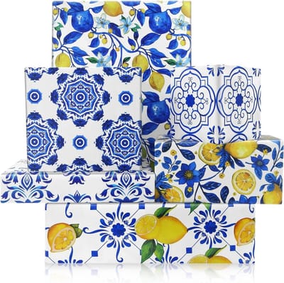 Vintage Blauw en Wit Porselein Chinoiserie Aquarel Inpakpapier - 6 Vellen - 50x70cm - Voor Verjaardag, Bruiloft, Baby Shower