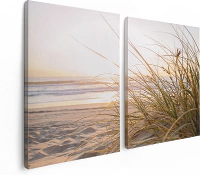 Artaza Canvas Schilderij Tweeluik Strand En Duinen Tijdens Zonsondergang - 120x80 cm - Wanddecoratie Woonkamer - Schilderijen - Muurdecoratie