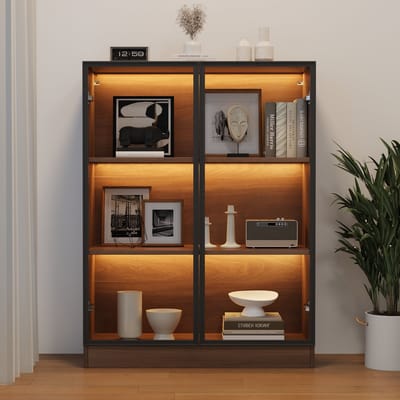 Vitrine - B80xD32xH106 - Glasvitrine Met LED 3 Planken - Multifuntioneel Voor Woonkamer - Glas/Hout - Naturel
