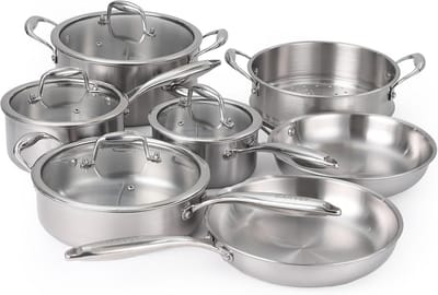 11-Delige RVS Pannenset met Glazen Deksels - Tri-Ply (3-Laags) Roestvrij Staal - Inductie & Alle Warmtebronnen - Incl. Koekenpannen, Kookpannen & Stoominzet