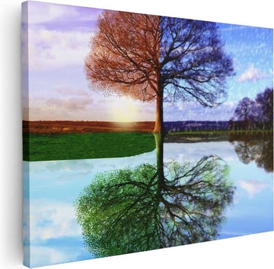 Artaza Canvas Schilderij Vier Seizoenen Boom - 40x30 cm - Klein - Wanddecoratie Woonkamer - Muurdecoratie Reflectie Water - Schilderijen Op Canvas