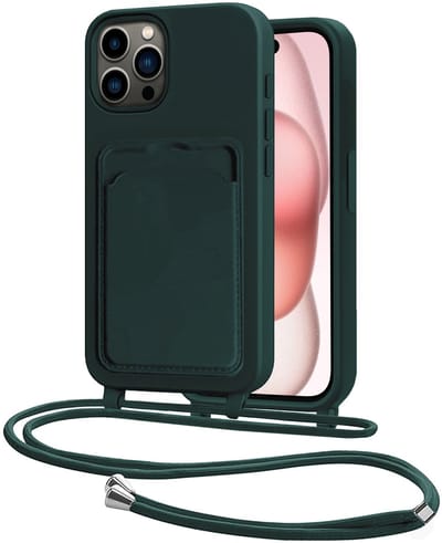 Hoes Geschikt voor iPhone 14 Pro Hoesje Pasjeshouder Cover Met Koord Case Siliconen Hoes Met Telefoonkoord en Kaarthouder - Donkergroen
