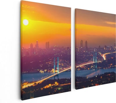 Artaza Canvas Schilderij Tweeluik Bosporusbrug In Istanbul Bij Zonsondergang - 80x60 - Foto Op Canvas - Canvas Print