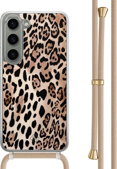 Casimoda® hoesje met beige koord - Geschikt voor Samsung S23 - Luipaard print bruin - Afneembaar koord - TPU/polycarbonaat - Bruin/beige