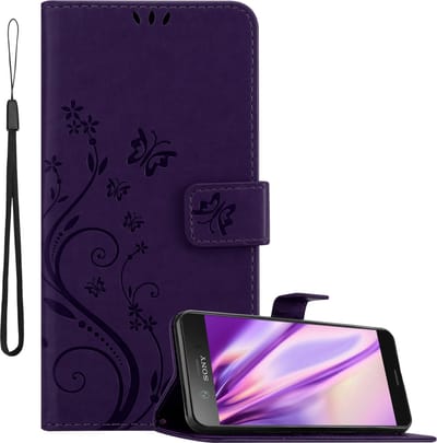 Cadorabo Hoesje geschikt voor Sony Xperia XZ1 COMPACT in BLOEMEN DONKER PAARS - Beschermhoes in bloemmotief met magnetische sluiting, standfunctie en kaartsleuven Book Case Cover Etui