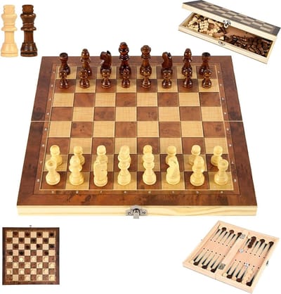 YongHang Houten Schaakset 3 in 1 Draagbare Opvouwbare Schaakbord Chess Board Set voor Party Familie Activiteiten Kinderen Volwassenen Reizen