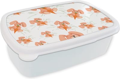 Broodtrommel Wit - Lunchbox - Brooddoos - Konijnen - Groente - Patronen - 18x12x6 cm - Volwassenen
