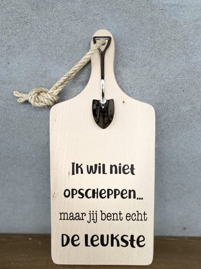 Creaties van Hier - Serveerplankje met Lepeltje - Mooi Mens (Jij bent de Leukste) - 35 cm - Hout - Metaal - moederdag cadeautje