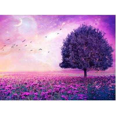 Peinture de diamant 5D à faire soi-même, paysage d'arbre violet, lavande, broderie complète en diamant rond, point de croix 20X30CM blue