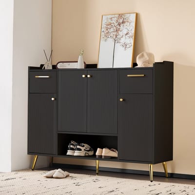 HAUSS SPOLE Schoenenkast - Schoenenkast Met 4 Deuren En 2 Laden - Metalen Poten Voor Gang Of Hal - 130x37x100 cm - Spaanplaat - Zwart