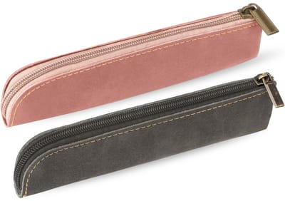 EXCITAT Etui - Kleine draagbare etui - Leuke tas voor kantoorbenodigdheden - Leren etui met rits - geschikt voor pennen en make-upkwasten - 2-pack - Grijs en roze - 21*5,2 cm