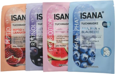 ISANA Gezichtsmasker Set van 4 | AHA + PHA, Probiotica + Watermeloen, Retinol + Açaí & Peptide + Granaatappel | Hydraterend, Herstellend & Verzorgend - Vegan