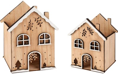 Dekoratief | Set 2 bakjes huisje m/sneeuw/bomen, naturel/wit, hout, 13x12x16cm | A255452
