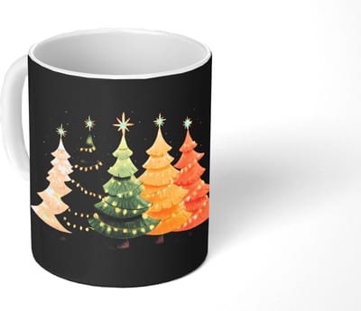 Mok - Koffiemok - Kerstbomen - Kleurrijk - Lichtjes - Ster - Mokken - 350 ML - Beker - Koffiemokken - Theemok