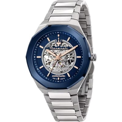 Maserati Stile Blauw Roestvrijstalen Heren Skeleton Automatisch Horloge R8823142004 blauw