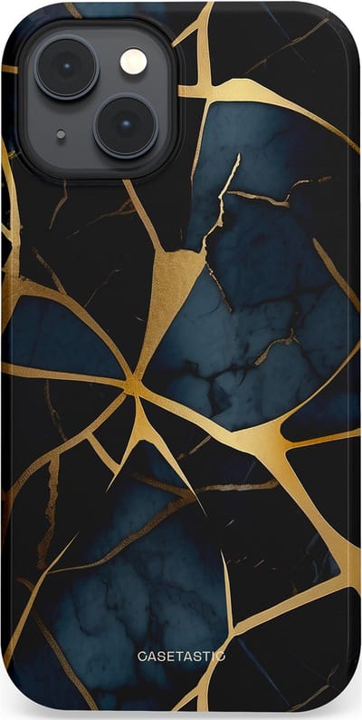 Casetastic hoesje geschikt voor Apple iPhone 14 - MagSafe - Dubbellaagse bescherming - Sterrennacht Marmer Goud - Fashion Case - Zwart Goud Donkerblauw