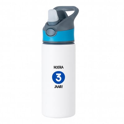 Hacebo® - Hoera 3 jaar waterfles met rietje blauw - Verjaardag - Jarigen - Verjaardagscadeau - peuter - Happy birthday - water fles - 650ML