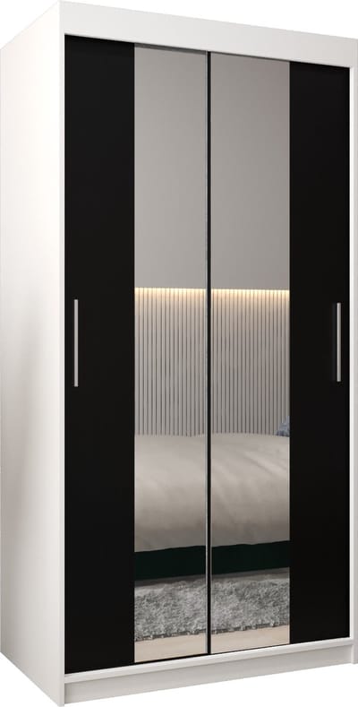 InspireMe - Kledingkast met 2 schuifdeuren, Modern-stijl, Kledingkast met planken (BxHxD): 100x200x62 - TORM I 100 Wit Mat + Zwart