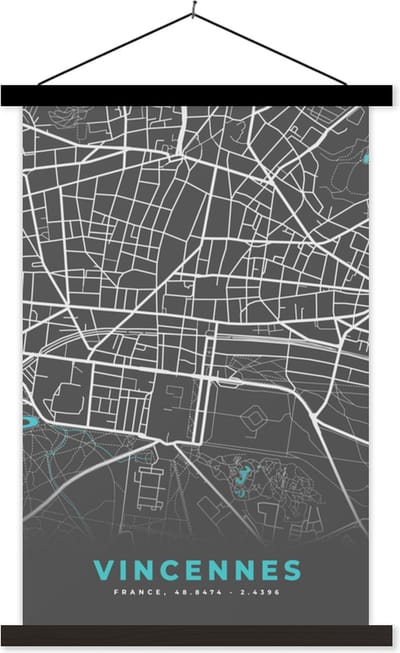 Posterhanger incl. Poster 40x60 cm - Schoolplaat - Vincennes - Stadskaart - Kaart - Plattegrond - Frankrijk - Textielposter - Zwarte latten - Stadskaart
