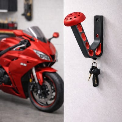 Motor helm houder inclusief haakje voor sleutels – Rood – helmhouder – helm kapstok - wandmontage