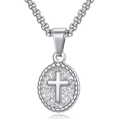 Mendes Zilverkleurige Heren Ketting met Ovale Kruis Hanger
