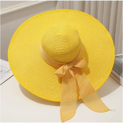 Chapeau de Soleil d'Été à Large Bord pour la Plage, Mode d'Extérieur à Bord Large Pliable, Chapeau de Soleil pour Femmes, Couleur Unie, Décoration Nœud, Chapeau Haut 56-60cm yellow