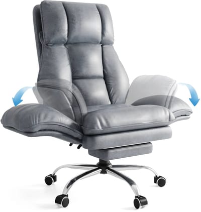 M-Goods - Luxe Bureaustoel met Voetensteun – Ergonomische Relaxstoel – Draaistoel met Opklapbare Armleuningen – Teddy Stof – Grijs