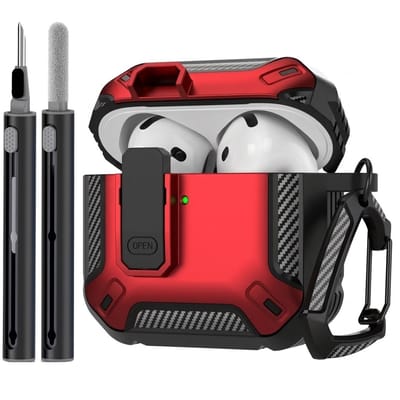 Rood robuust hoesje voor oordopjes met carbon look geschikt voor AirPods 4 inclusief schoonmaakset en karabijnhaak – schokbestendig en duurzaam