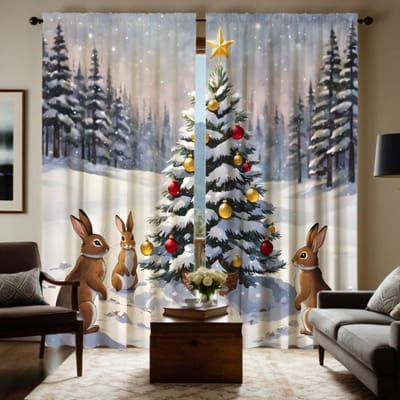 2 pièces HD Noël Montagne enneigée de Noël lapin rideau décoratif Jaune attache rideau imprimé numériquement style décoration de maison W52H63inchW132H160cm gray