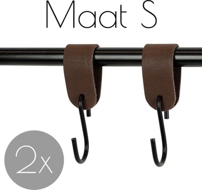 2x Leren S-haak hangers - Handles and more® | DONKERBRUIN - maat S (Leren S-haken - S haken - handdoekkaakje - kapstokhaak - ophanghaken)
