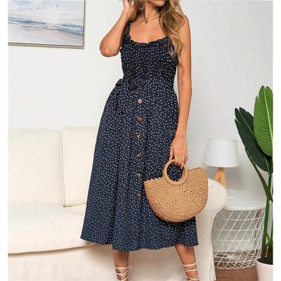 Zomermode voor dames, nieuw product, jurk met sling-ruches en stippenprint S marineblauwe kleur