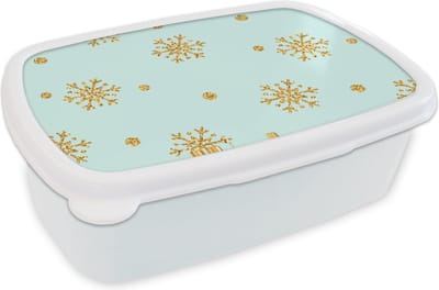 Broodtrommel Wit - Lunchbox - Brooddoos - Kerst - Patroon - Sneeuw - Goud - 18x12x6 cm - Volwassenen
