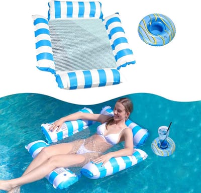 Luchtmatras voor zwembad met net, 4-in-1 luchtmatras, water, gemakkelijk te dragen, waterhangmat met net voor volwassenen en kinderen, met 1 opblaasbare bekerhouder, zwembad, strand