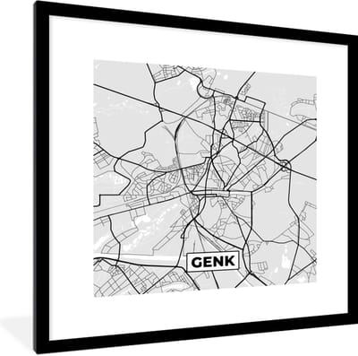 Fotolijst incl. Poster Zwart Wit- België – Genk – Stadskaart – Kaart – Zwart Wit – Plattegrond - 40x40 cm - Posterlijst
