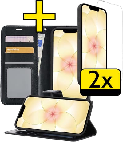Hoesje - Met 2x Screenprotector - Geschikt voor Apple iPhone 17e - Luxe Pasjeshouder - Bookcase Portemonee - Flip Case - Kunstleer Book Case - Flipcase Hoes - Book Cover - Walletcase - Portemonneehoes - Telefoonhoesjes - Zwart