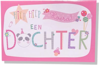 Hiep Hiep Hoera Een Dochter! - Luxe Geboortekaartje Meisje - 12x17cm - Gevouwen wenskaart met envelop