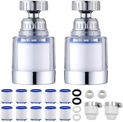 2 stuks waterfilterkraan waterzuivering drinkwater 360° filter kraan waterfilter voor kraan met 10 stuks PP-katoenen filterelement, voor keuken, gootsteen, thuis badkamer